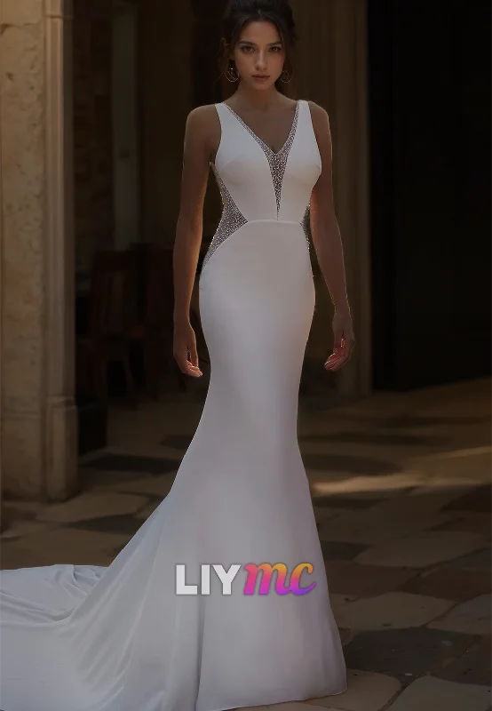 Buy More, Save More V-Neck Sleeveless Sleek Satin Beaded Mermaid Wedding Dress