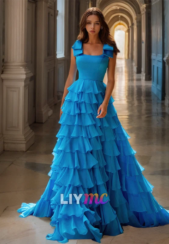 Today's Special Square Straps Bowknot Tiered A-Line Prom Dress