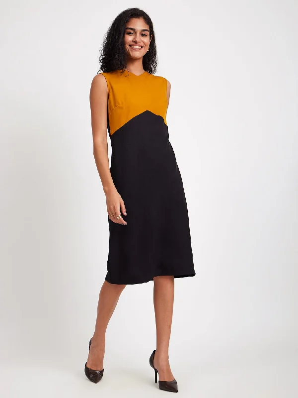 Stock Clearance Colour Block V Neck Dress - Mustard And Black