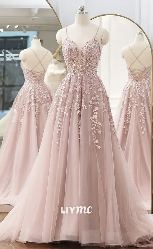 Bargain Prices LP1870 - A-line V Neck Spaghetti Straps Sweep Train Tulle Prom Dress With Appliqued Beading Bargain Prices LP1870 - A-line V Neck Spaghetti Straps Sweep Train Tulle Prom Dress With Appliqued Beading