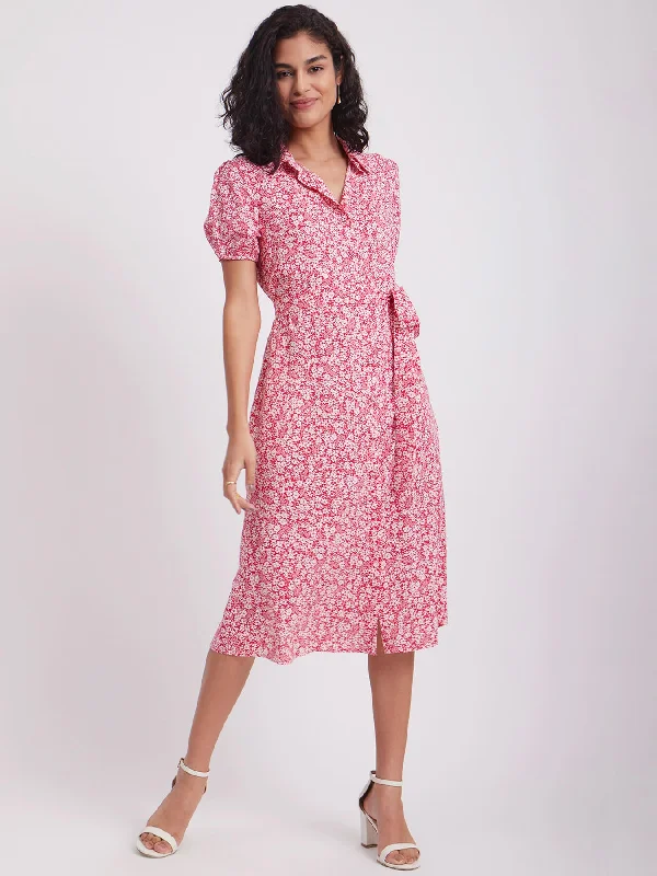Doorbuster Deal Floral Print Collared Dress - Red And White