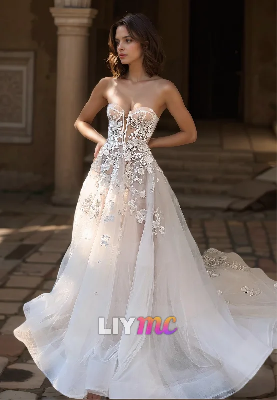 Don't Wait Sweetheart Strapless Floral Embellished A-Line Wedding Dress