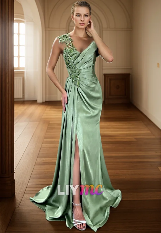 Savings Alert LP2268 - V-Neck Sleeveless Beaded Appliques Pleated Side Slit Sheath Prom Dress