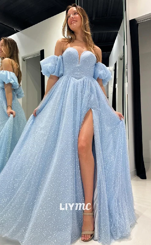 Extra Savings LP1968 - Off-Shoulder Puff Sleeves A-Line Tull Tiered Beaded Ball Gown Prom Dress