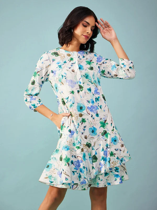 Clearance Items Floral A-line Dress - Blue