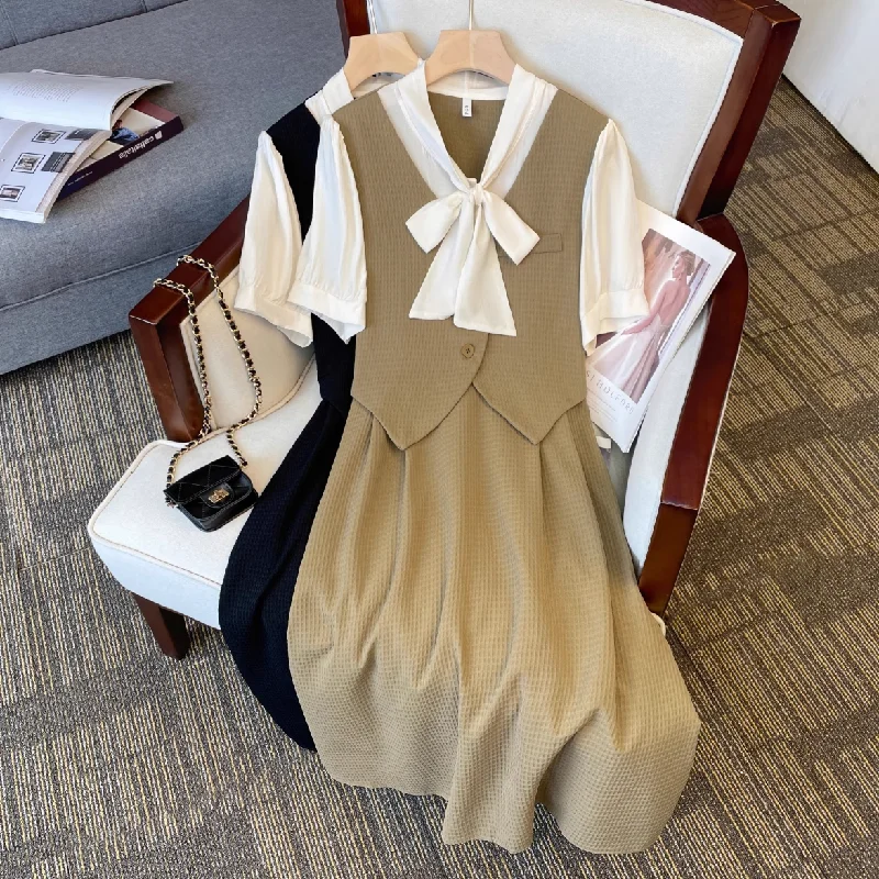 Super Savings Plus Size Korean Pussybow Mock 2 Piece Dress Set