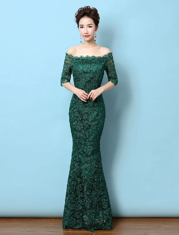 Closeout Sale Stunning Lace Evening Dress Off The Shoulder Mermaid Party Dress Dark Green Half Sleeve Maxi Occasion Dress wedding guest dress