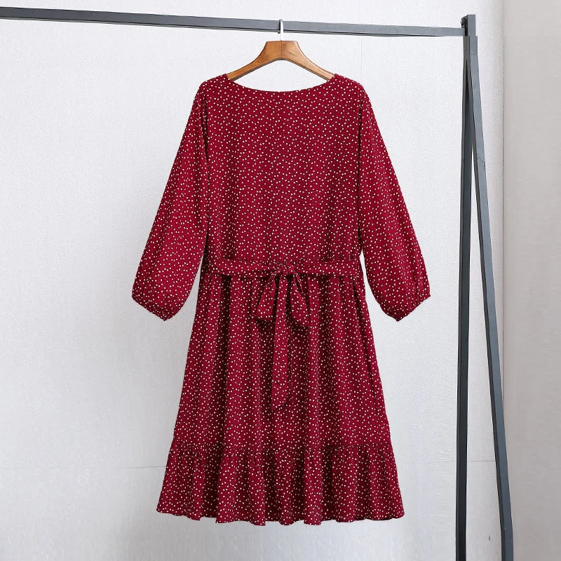Hot Deal Plus Size Red Square Neck Long Sleeve Dress (EXTRA BIG SIZE)
