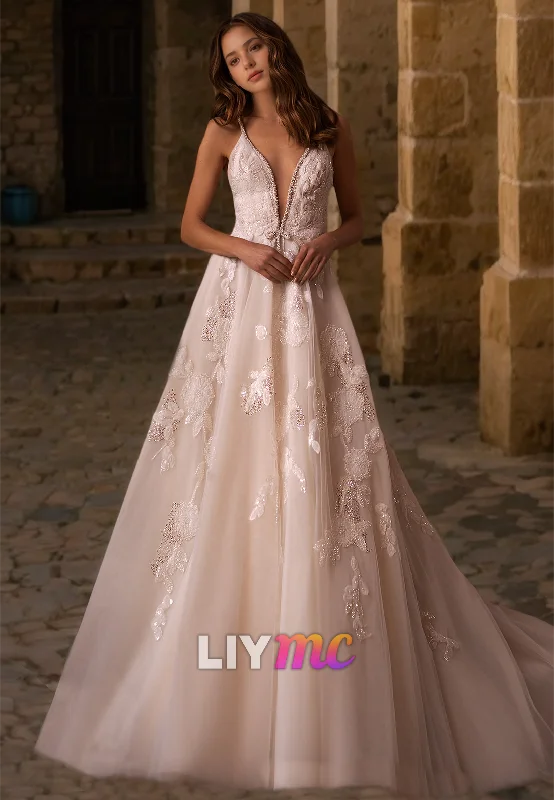 Bargain Bin V-Neck Spaghetti Straps Appliques A-Line Wedding Dress
