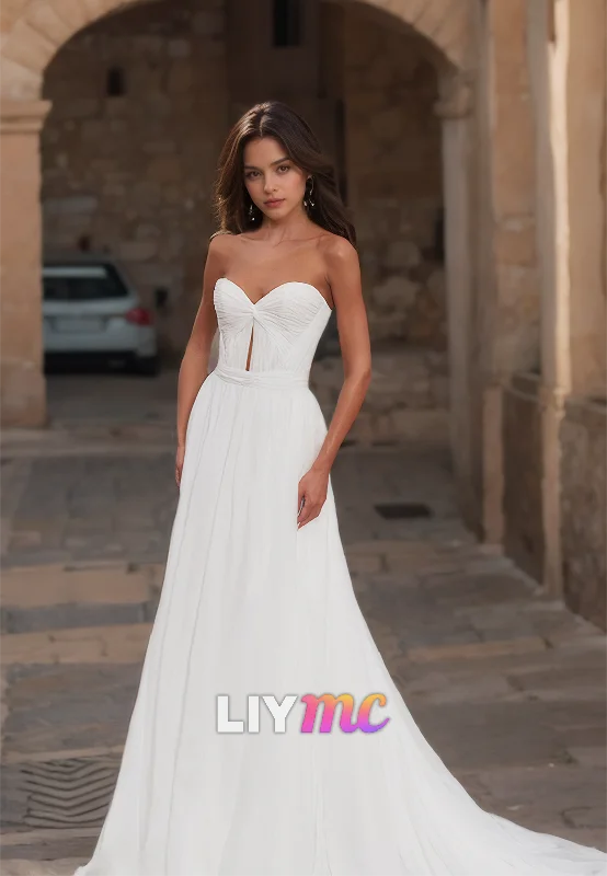 Act Fast Sweetheart Strapless Pleated Illusion A-Line Beach Wedding Dress