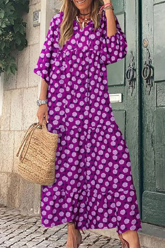 Fantastic Offers Purple Boho Printed V Neck Puff Sleeve Maxi Dress