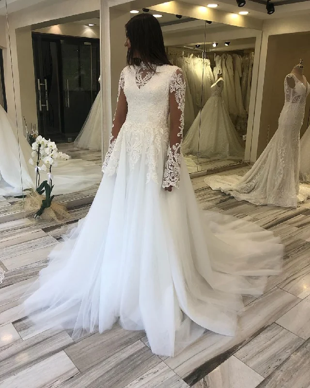 Don't Wait Muslim High Neck Long Sleeve Lace Appliques Rustic Wedding Dress,JKZ6119