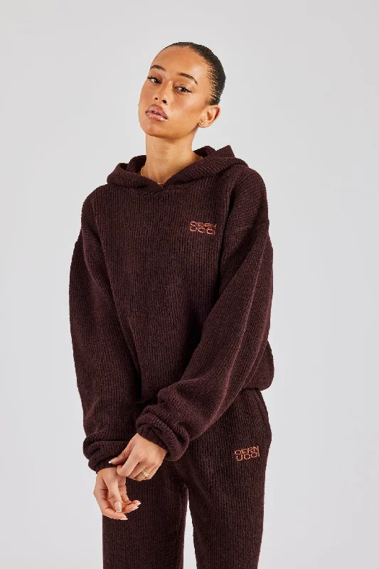 Sneak Peek Sale Knit Boxy Embroidered Hoodie - Chocolate