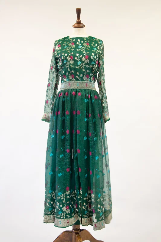 Special Savings Vintage 1980s Green Silk Saree Dress Set