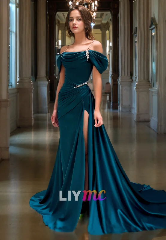 Deal Zone LP595 - Mermaid/Trumpet Off Shoulder Pleated Satin Long Prom Evening Dress With Slit