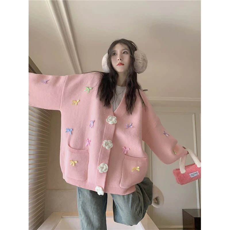 Znbbw 3D Flowers Knitted Cardigan Women Kawaii Bow V Neck Sweater Coat Korean Cute Oversized Knitwear Streetwear Casual Jumper