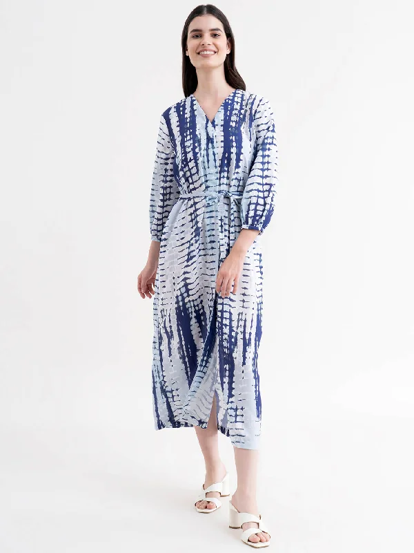 New Markdowns Shibori Print A-Line Dress - White And Blue