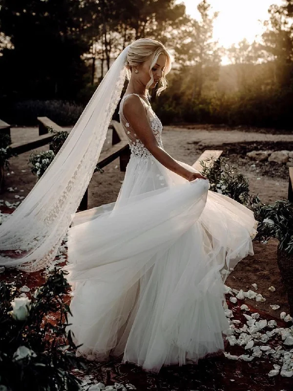 Sale Event Marvelous V-neck A-line Wedding Dresses With Flowers Tulle Gowns JKB5106