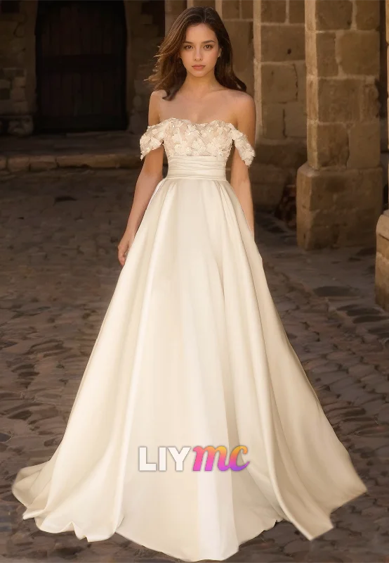 Sale Event Off-Shoulder Appliques Strapless Sleek Pleated Satin A-Line Wedding Dress Sale Event Off-Shoulder Appliques Strapless Sleek Pleated Satin A-Line Wedding Dress