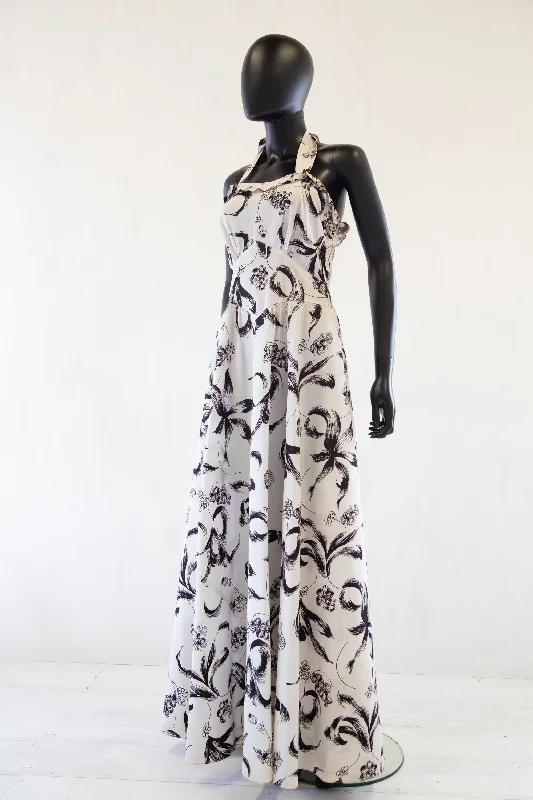 Vintage 1940s Monochrome Print Maxi Dress