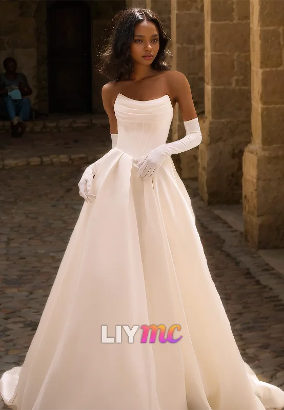 Exclusive Savings Off-Shoulder Strapless Pleated Satin A-Line Wedding Dress