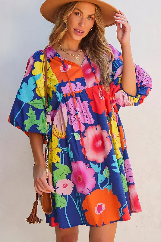 Can't Miss Dark Blue Floral Print Split Neck Babydoll Dress