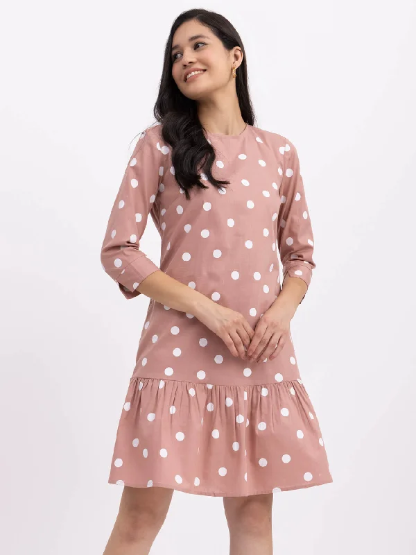 New Markdowns Cotton Polka Dot Tier Dress - Dusty Pink And White