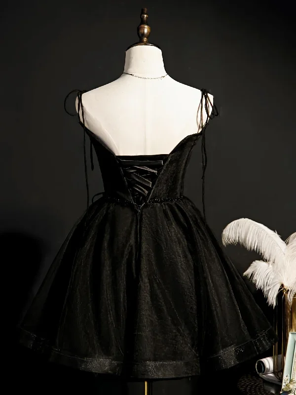 Super Deal Black Straps Tulle Short Homecoming Dress, Prom Dress, Little Black Party Dresses
