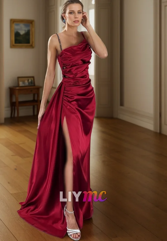 Savings Spectacular LP2263 - Asymmetrical Straps Pleated High Slit A-Line Prom Dress
