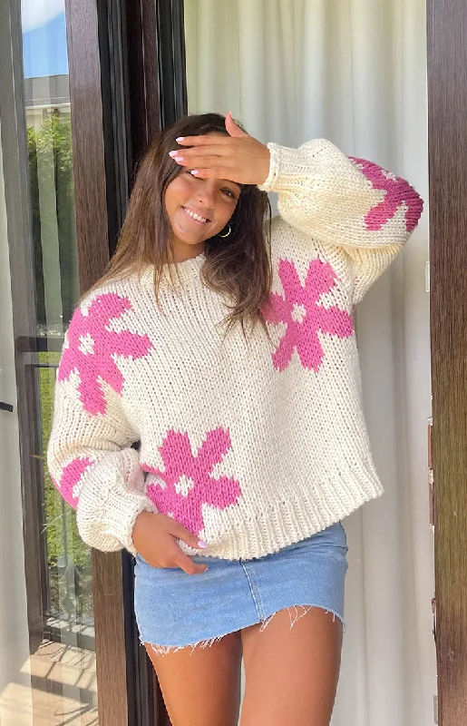 Crazy Deals Ryver Cream Flower Knit Sweater