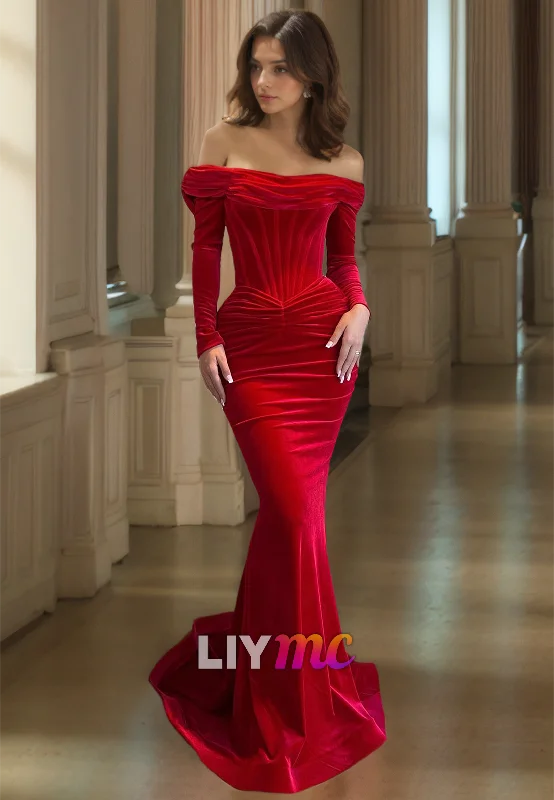 Price Cut Off-Shoulder Long Sleeves Ruched Velvet Mermaid Prom Dress