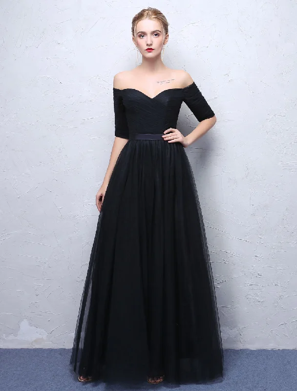 Low Prices Amazing Black Evening Dresses  Long Off The Shoulder Evening Dress Half Sleeve Pleated Maxi Dresses