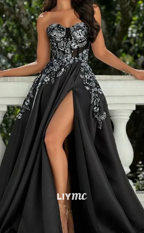 Overstock LP2003 - Sweetheart Floral Appliques A-Line Side Slit Prom Dress
