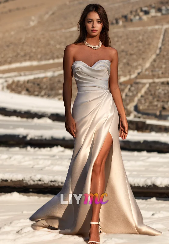 Factory Direct Sale Sweetheart Sleeveless Ruched High Slit Sheath Beach Wedding Dress Factory Direct Sale Sweetheart Sleeveless Ruched High Slit Sheath Beach Wedding Dress