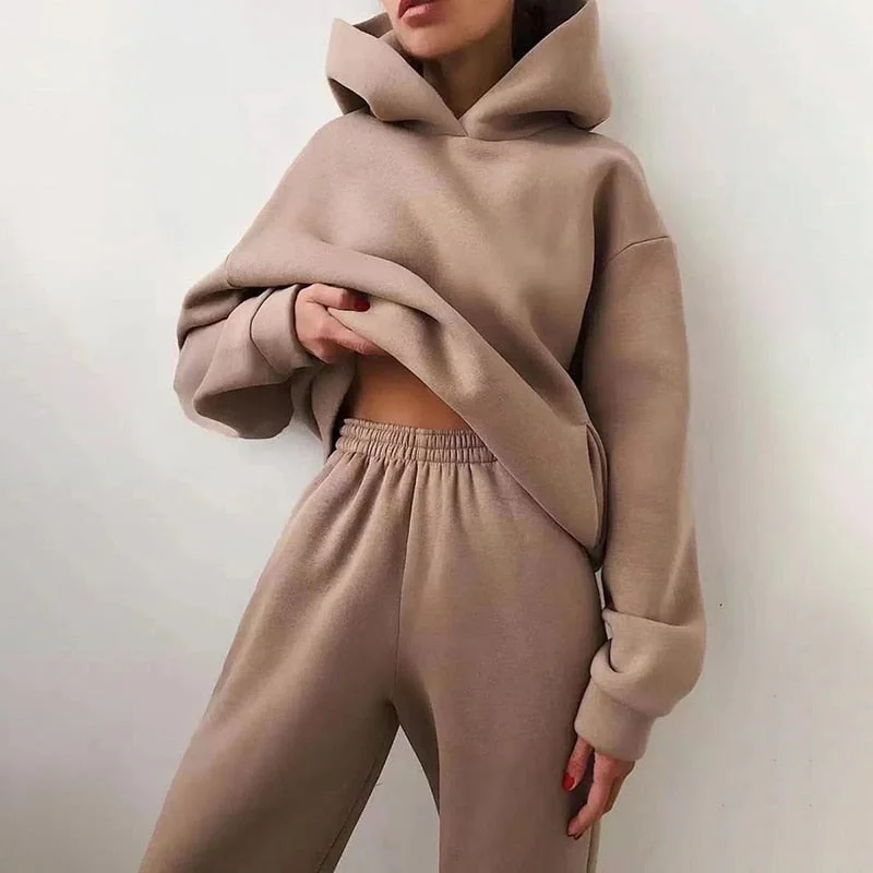 Women Two Piece Sets Tracksuit Autumn Casual Solid Long Sleeve Hoodie Sweatshirts Female Oversized Trouser Suits