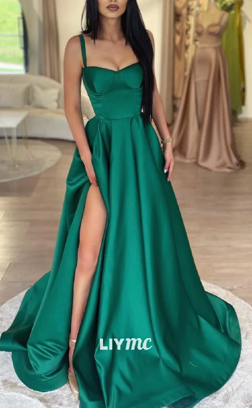 Deal Explosion LP2046 - Sweetheart Straps Sleek Satin Side Slit A-Line Prom Dress