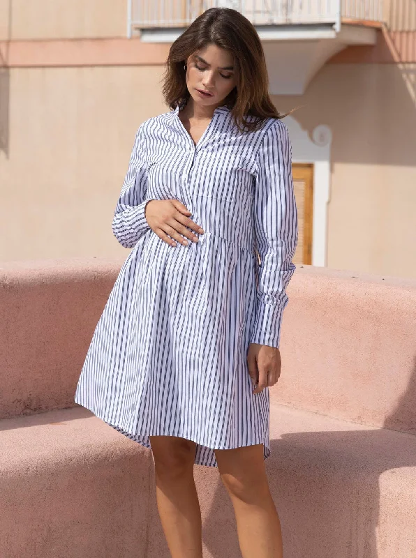 Price Drop Iris Navy Stripes Cotton Maternity & Nursing  Dress