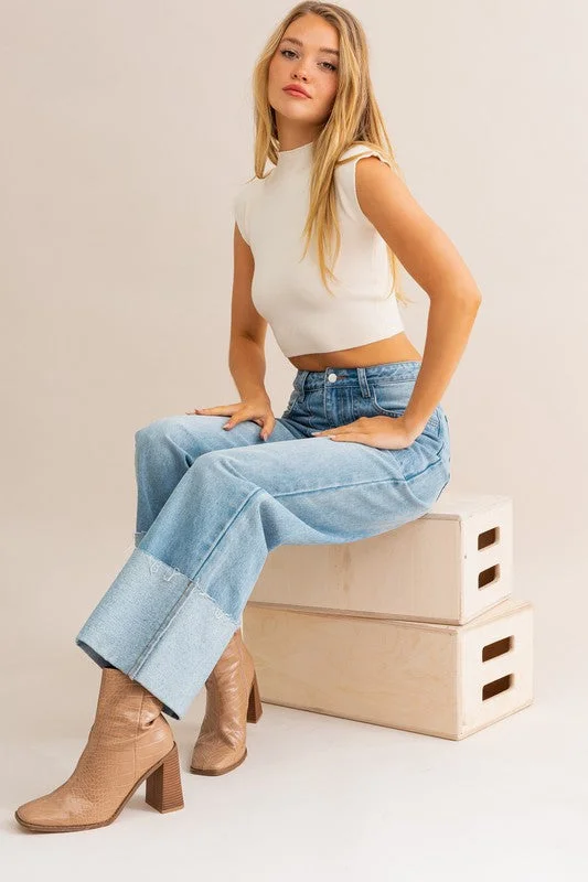 Steals and Deals High-Waisted Wide Leg Cuffed Jeans