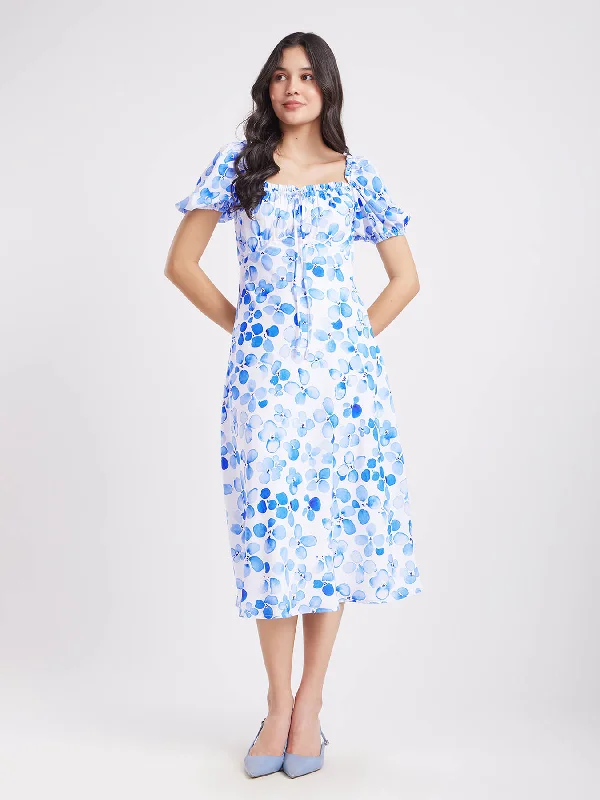 Massive Deals Floral Fit And Flare Dress - Blue And White