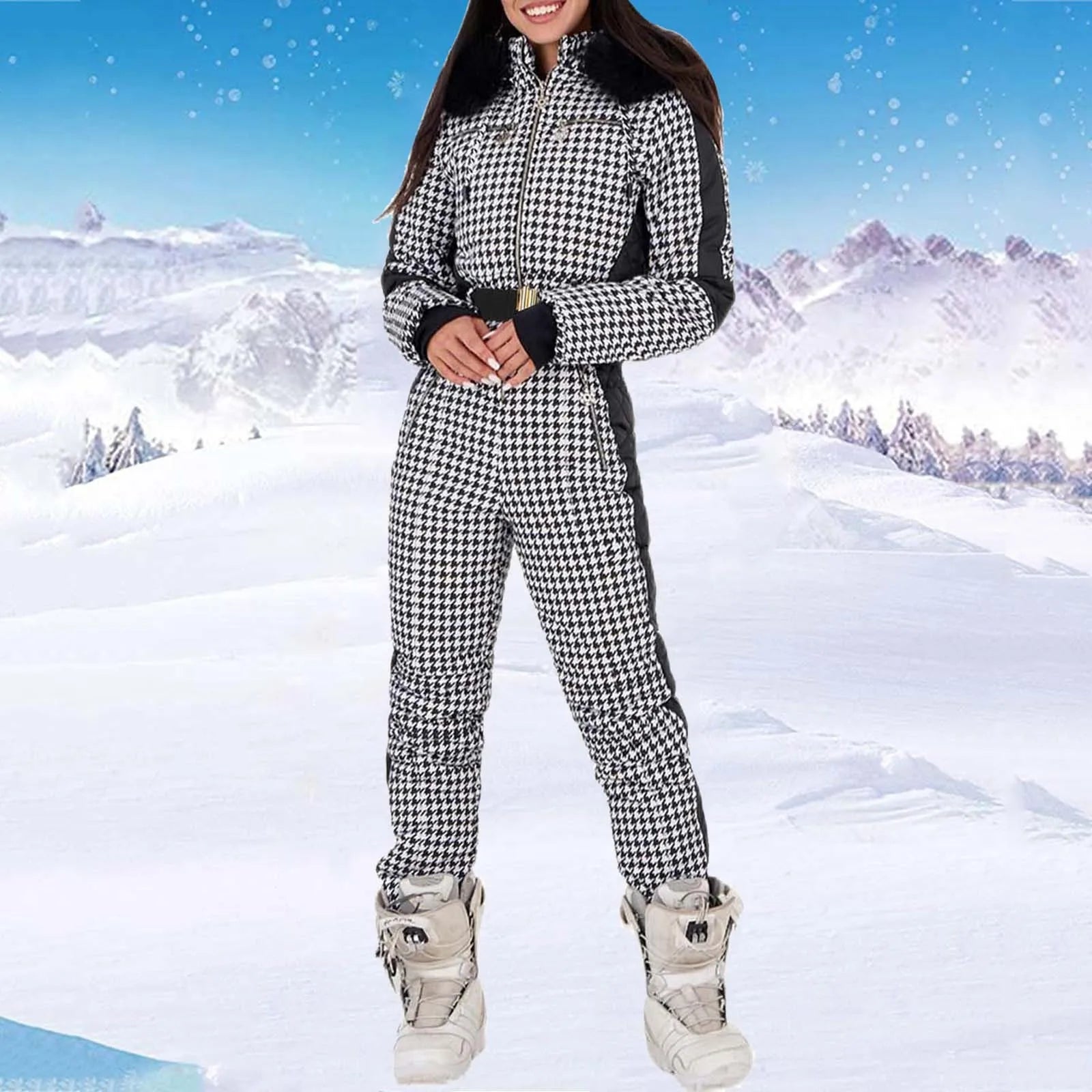 Znbbw Womens Winter Fashion Plaid Print Ski Jumpsuits Waterproof Snowsuit Outdoor Sports Removable Faux Wool Collar Coat Jumpsuit