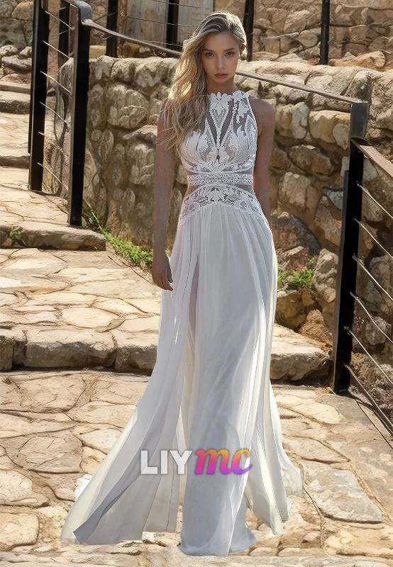 Price Reduction Halter Sleeveless Appliques Chiffon A-Line Boho Wedding Dress