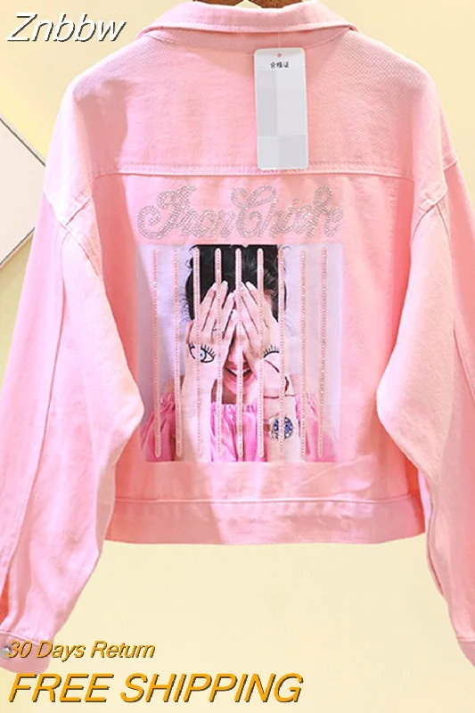 Discount Deals Znbbw Short Denim Jacket Women Spring Autumn Cotton Female Jeans Outwear Diamond Loose Casual Tops Pink Yellow White Woman Coats