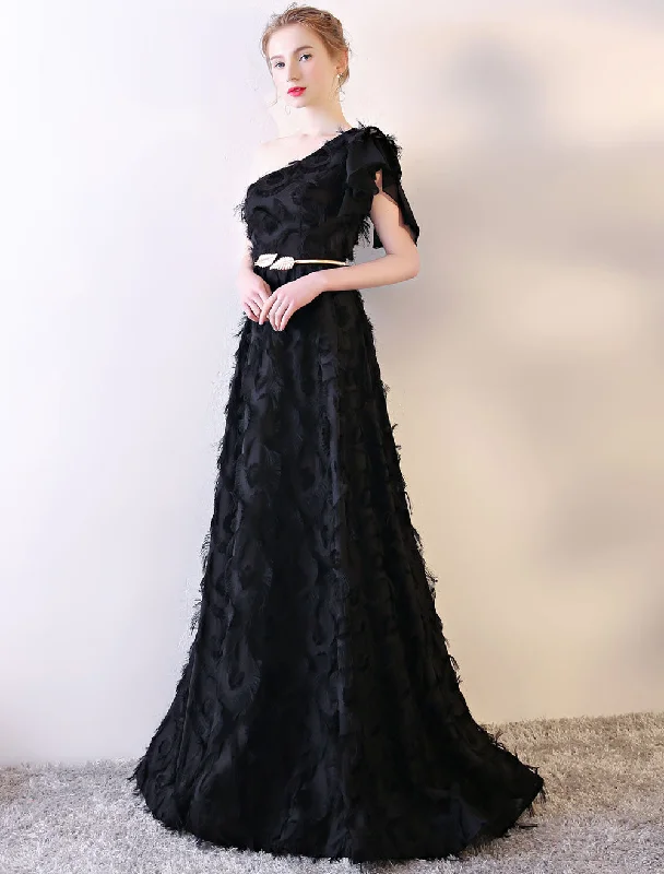 Great Bargains Amazing Black Evening Dress One Shoulder evening dress Long Lace Ruffles Floor Length Formal Dress With Sash Great Bargains Amazing Black Evening Dress One Shoulder evening dress Long Lace Ruffles Floor Length Formal Dress With Sash