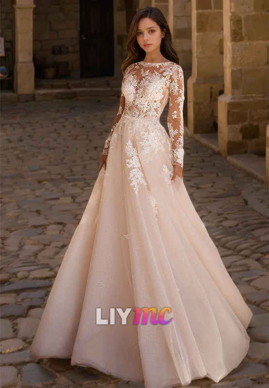 Major Savings Bateau Long Sleeves Appliques Tulle Ball Gown Wedding Dress