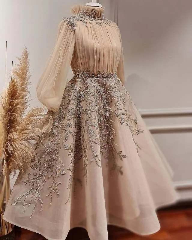Online Only Luxurious Champagne Beaded Ankle Lenghth Gowns Prom Dresses