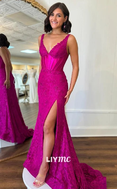 Year-End Clearance LP2064 - V-Neck Sleeveless Appliques Side Slit Sexy Prom Dress