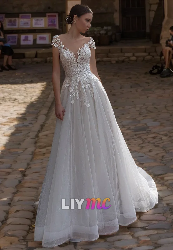 Can't Miss V-Neck Cap Sleeves Lace Appliques Tulle Ball Gown Weddding Dress