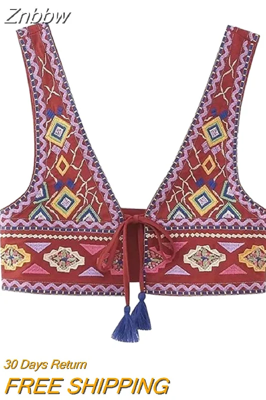 Deep Discounts Znbbw Y2K Embroidery Women Waistcoats Summer Lightweight V Neck Sleeveless Tassels Hem Slim Vest Female Crop Top