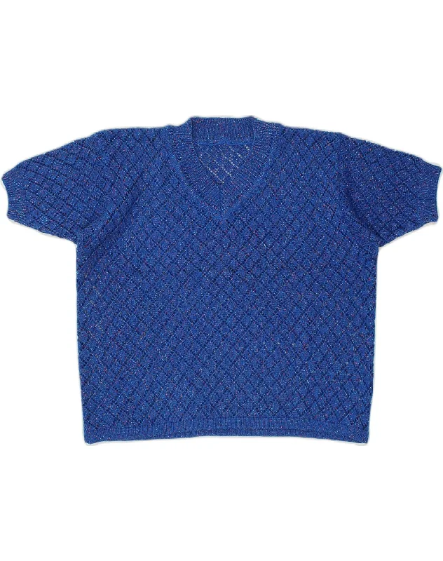 Year-End Sale VINTAGE Womens Short Sleeve V-Neck Jumper Sweater UK 18 XL Blue Cotton