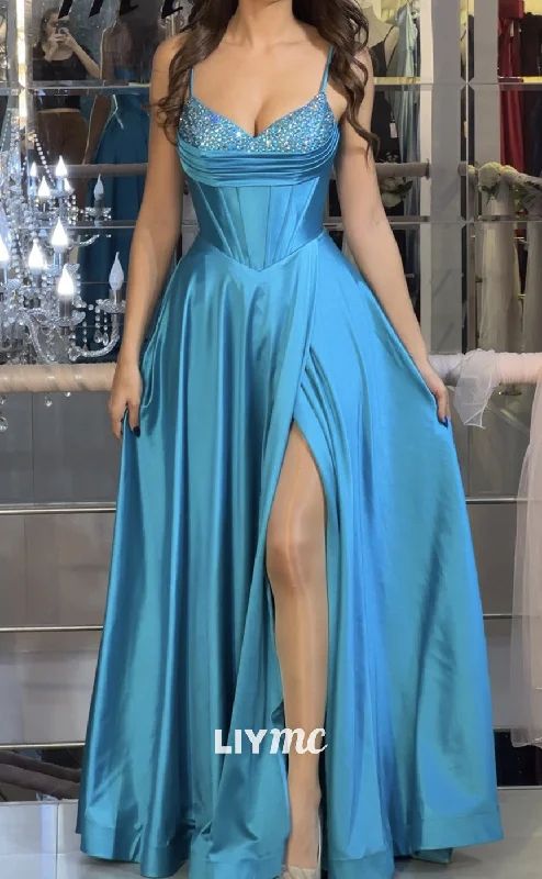 Anniversary Sale LP1977 - Sweetheart Sleeveless Beaded Pleated Sleek Satin High Slit Prom Dress Anniversary Sale LP1977 - Sweetheart Sleeveless Beaded Pleated Sleek Satin High Slit Prom Dress